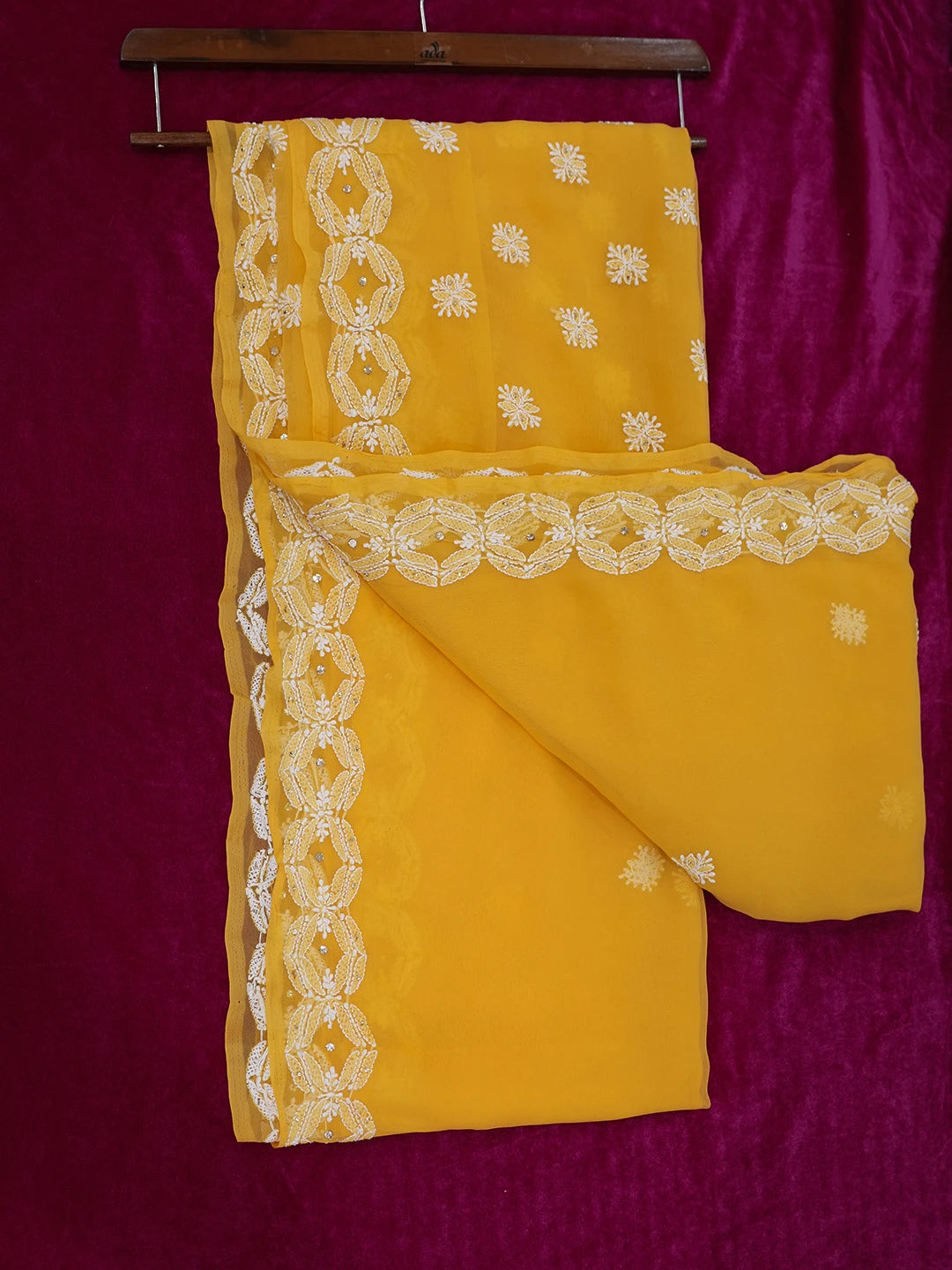 Ada Hand Embroidered Mustard Georgette Lucknowi Chikankari Saree and Blouse With Muqaish Work 01A345080