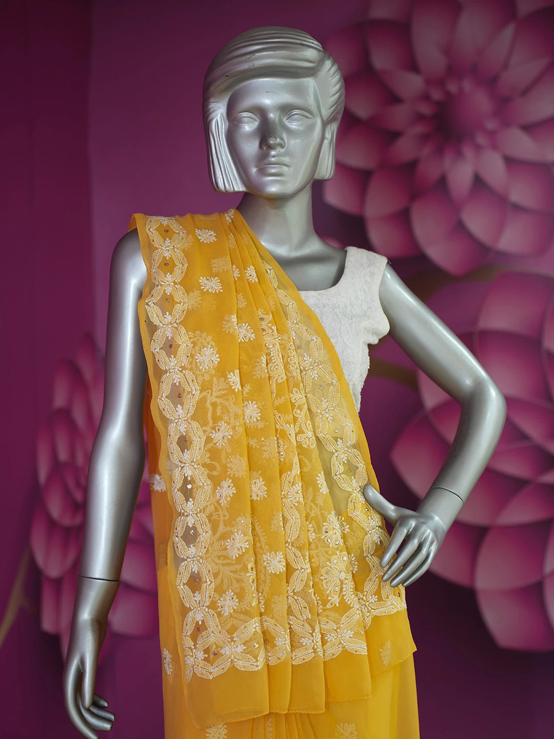 Ada Hand Embroidered Mustard Georgette Lucknowi Chikankari Saree and Blouse With Muqaish Work 01A345080