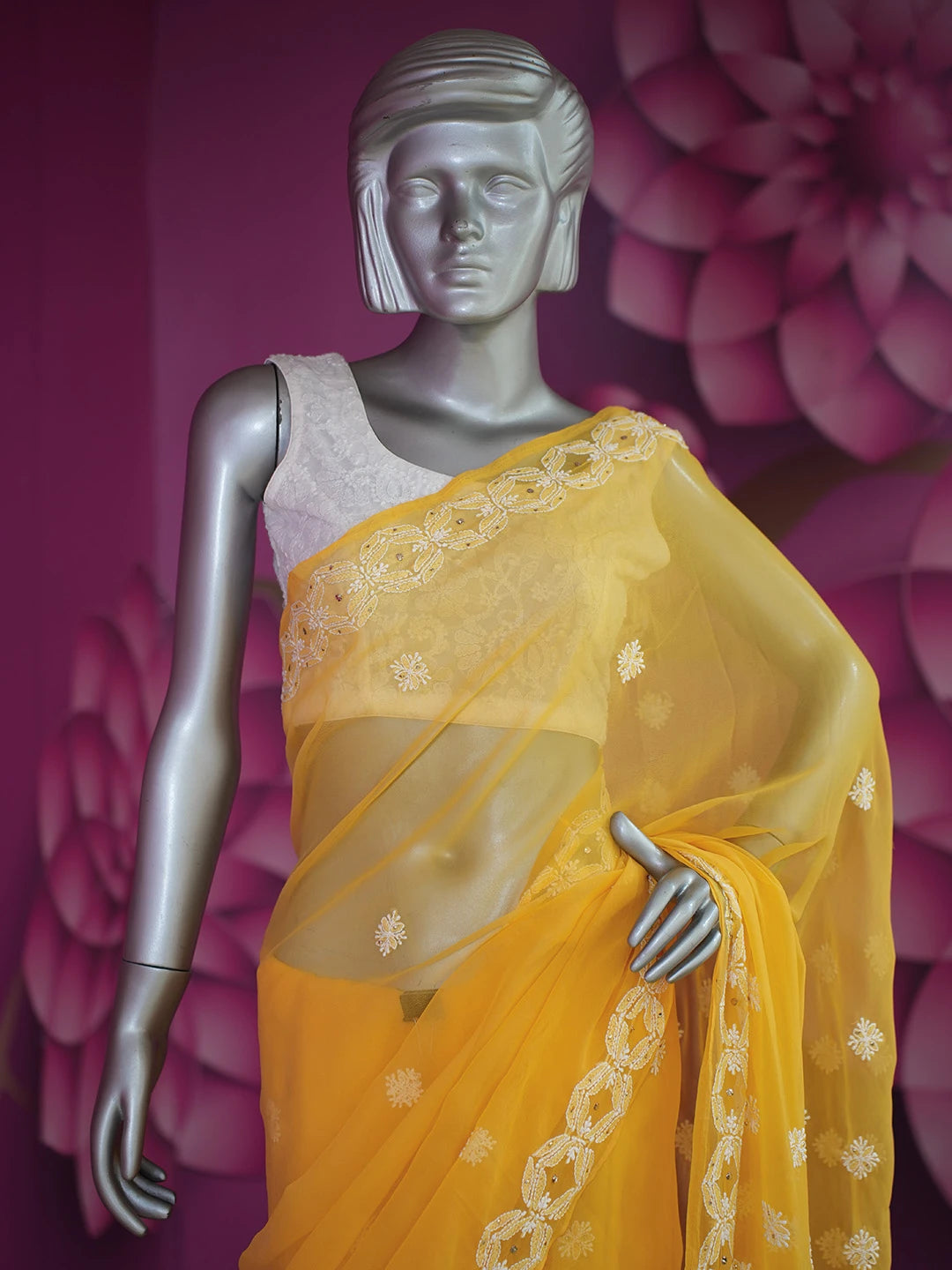 Ada Hand Embroidered Mustard Georgette Lucknowi Chikankari Saree and Blouse With Muqaish Work 01A345080