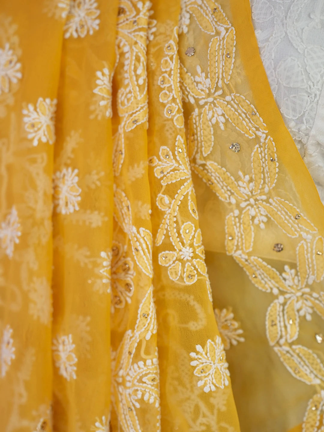 Ada Hand Embroidered Mustard Georgette Lucknowi Chikankari Saree and Blouse With Muqaish Work 01A345080