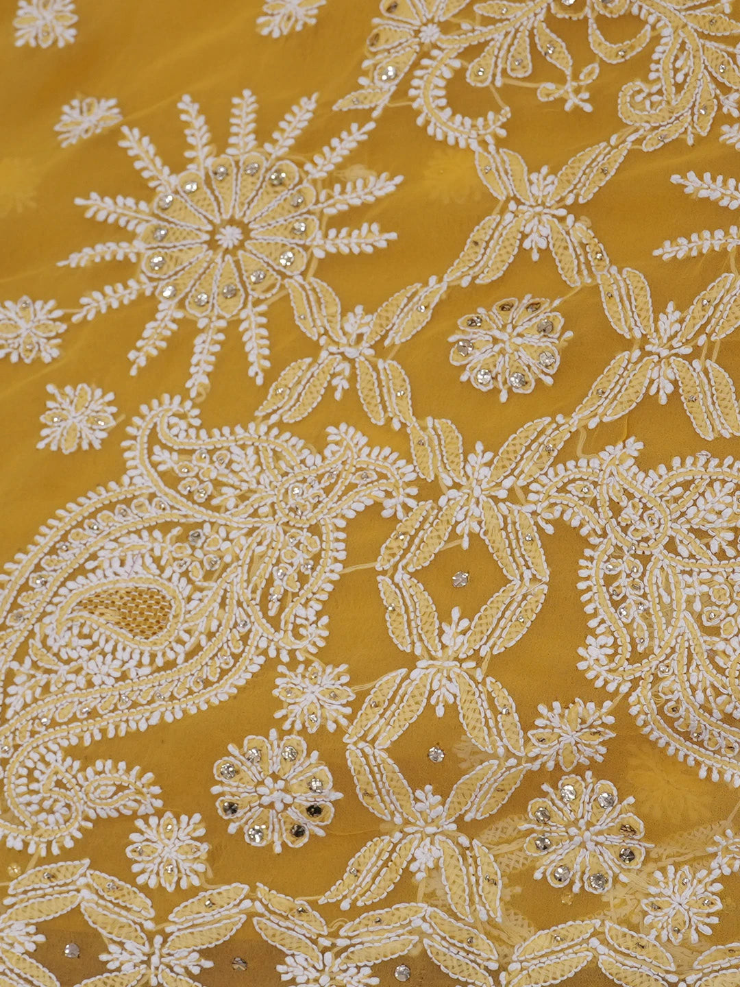 Ada Hand Embroidered Mustard Georgette Lucknowi Chikankari Saree and Blouse With Muqaish Work 01A345080
