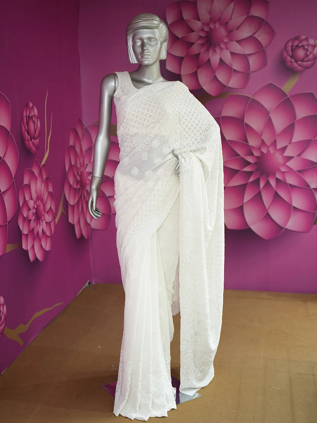 Ada Hand Embroidered Ivory White Pure Georgette Lucknowi Chikankari Saree With Blouse 01A675508
