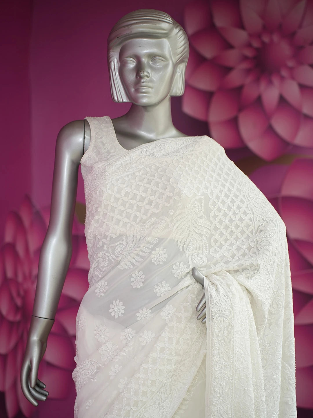 Ada Hand Embroidered Ivory White Pure Georgette Lucknowi Chikankari Saree With Blouse 01A675508