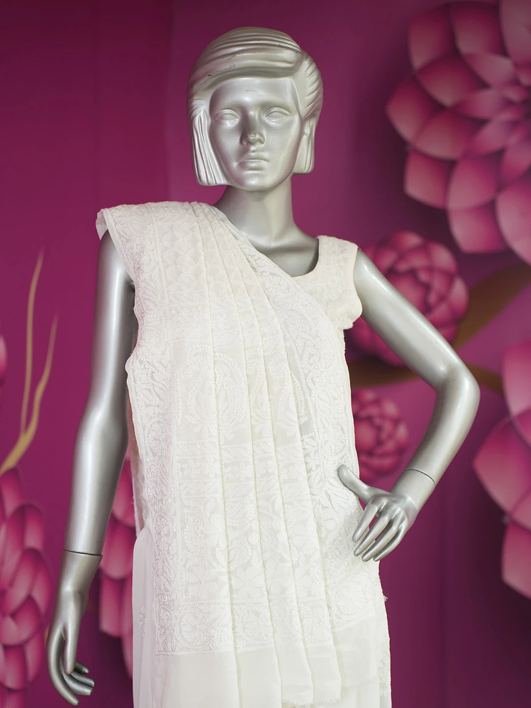 Ada Hand Embroidered Ivory White Pure Georgette Lucknowi Chikankari Saree With Blouse 01A675508