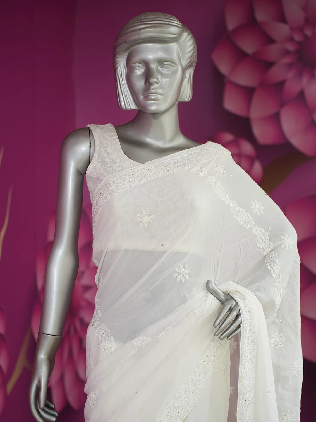 Ada Hand Embroidered White Viscose Georgette Lucknowi Chikankari Saree/Blouse With Muqaish Work 01A670746