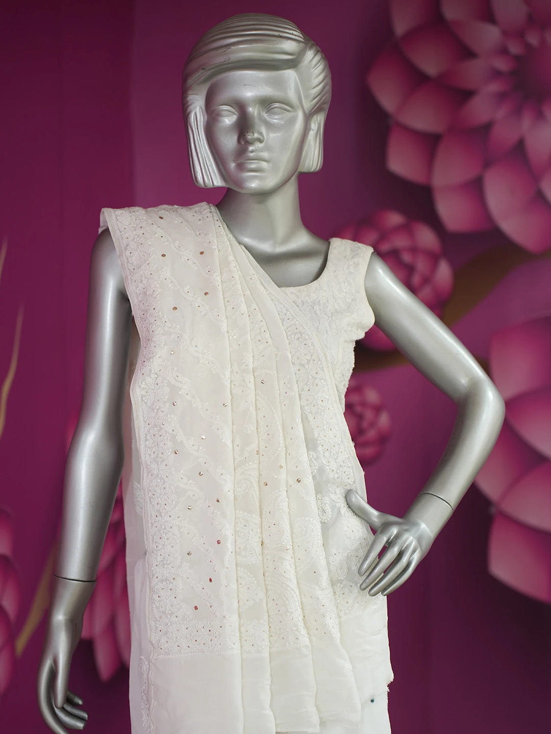 Ada Hand Embroidered White Viscose Georgette Lucknowi Chikankari Saree/Blouse With Muqaish Work 01A670746