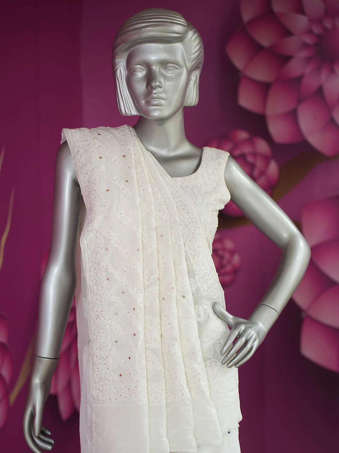 Ada Hand Embroidered White Viscose Georgette Lucknowi Chikankari Saree/Blouse With Muqaish Work 01A670746