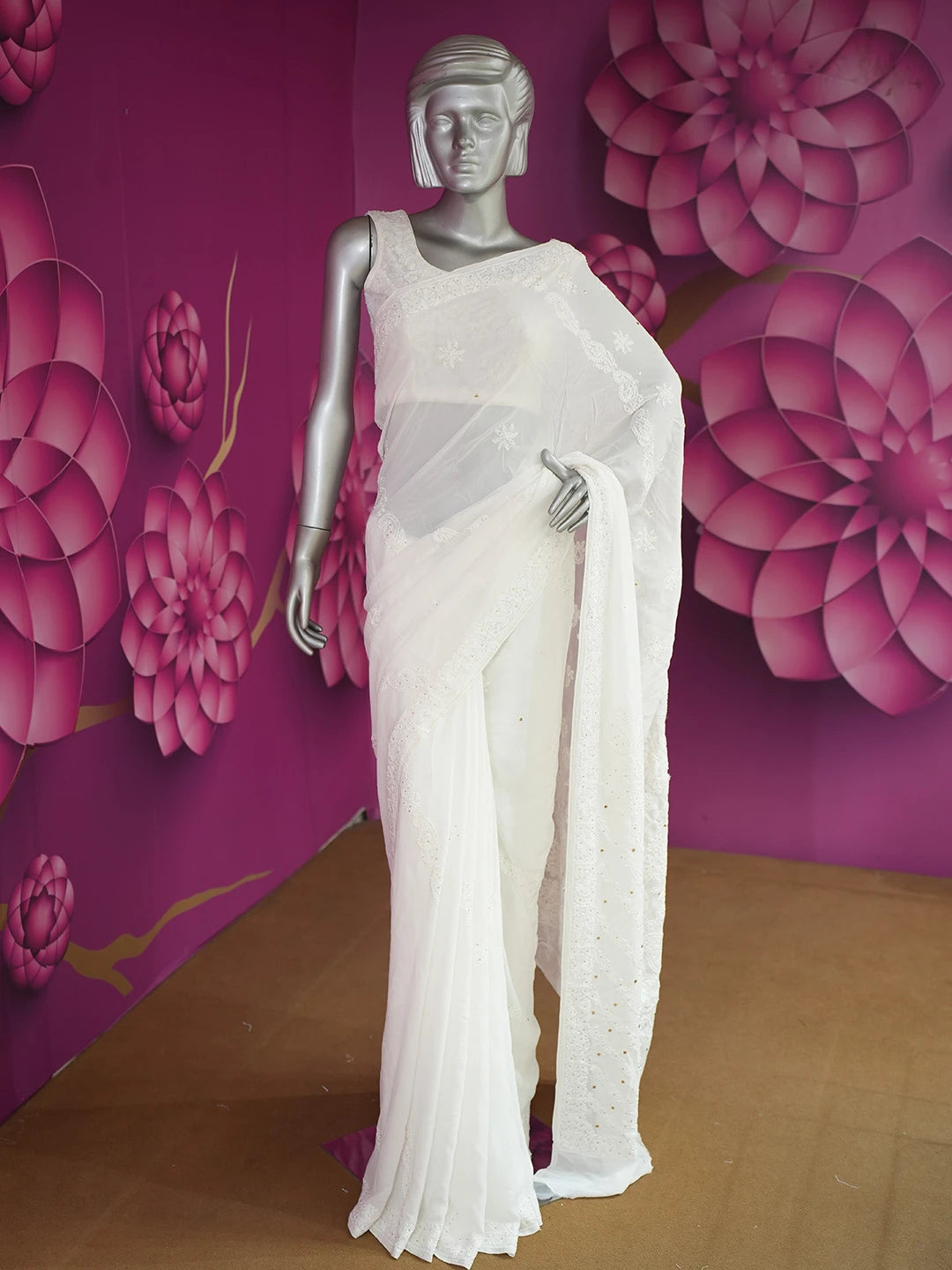 Ada Hand Embroidered White Viscose Georgette Lucknowi Chikankari Saree/Blouse With Muqaish Work 01A670746