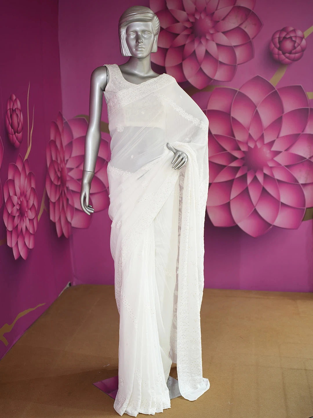 Ada Hand Embroidered White Viscose Georgette Lucknowi Chikankari Saree/Blouse with Muqaish Work 01A670757
