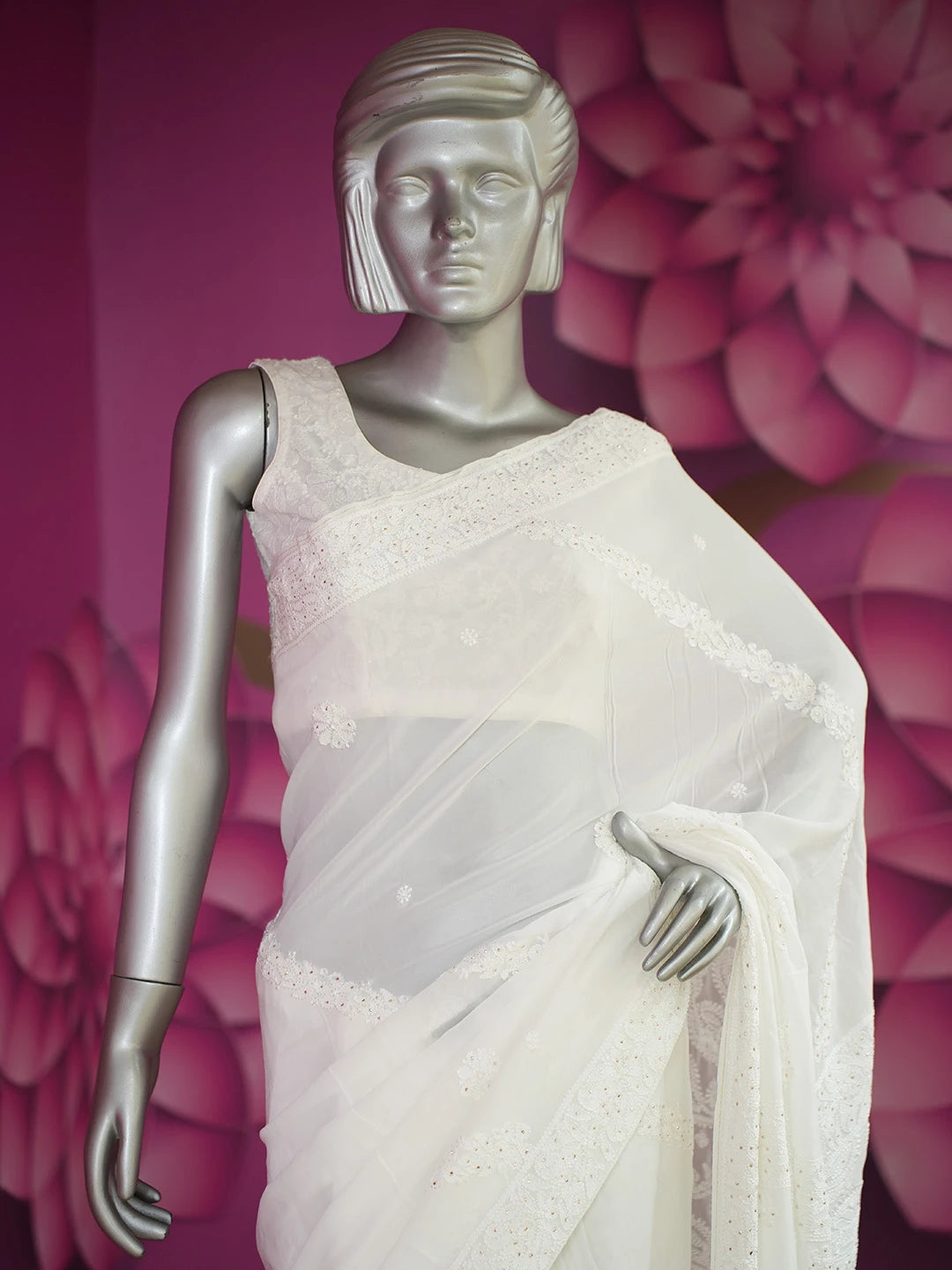 Ada Hand Embroidered White Viscose Georgette Lucknowi Chikankari Saree/Blouse with Muqaish Work 01A670757