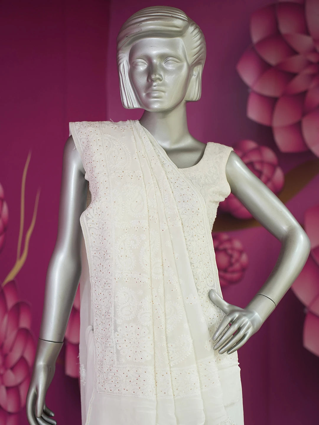 Ada Hand Embroidered White Viscose Georgette Lucknowi Chikankari Saree/Blouse with Muqaish Work 01A670757