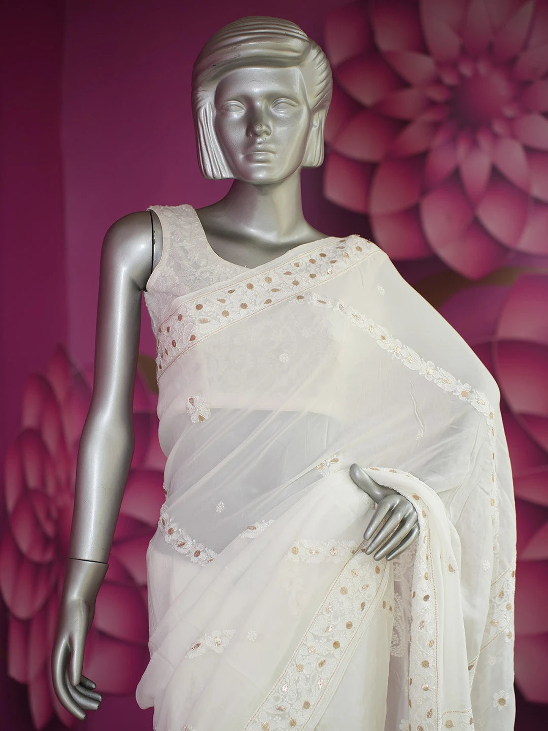 Ada Hand Embroidered White Viscose Georgette Lucknowi Chikankari Saree/Blouse With Gota Patti Work 01A670845