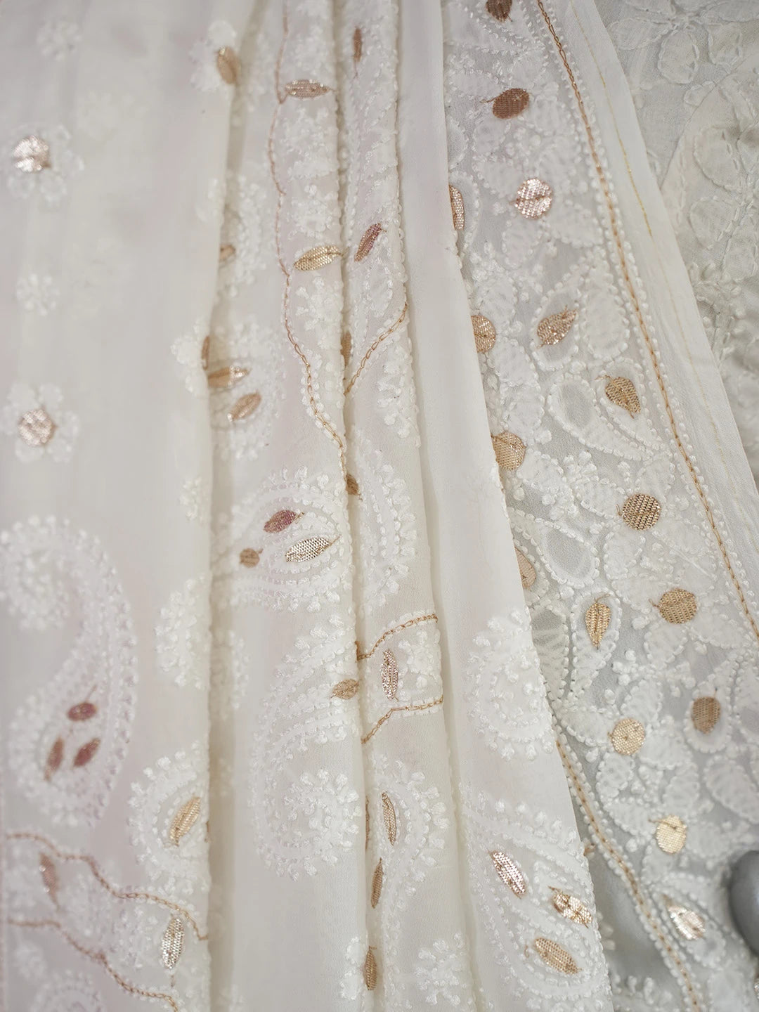 Ada Hand Embroidered White Viscose Georgette Lucknowi Chikankari Saree/Blouse With Gota Patti Work 01A670845