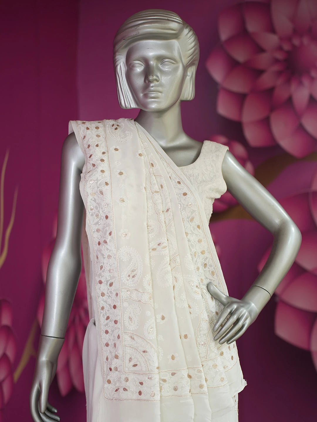 Ada Hand Embroidered White Viscose Georgette Lucknowi Chikankari Saree/Blouse With Gota Patti Work 01A670845