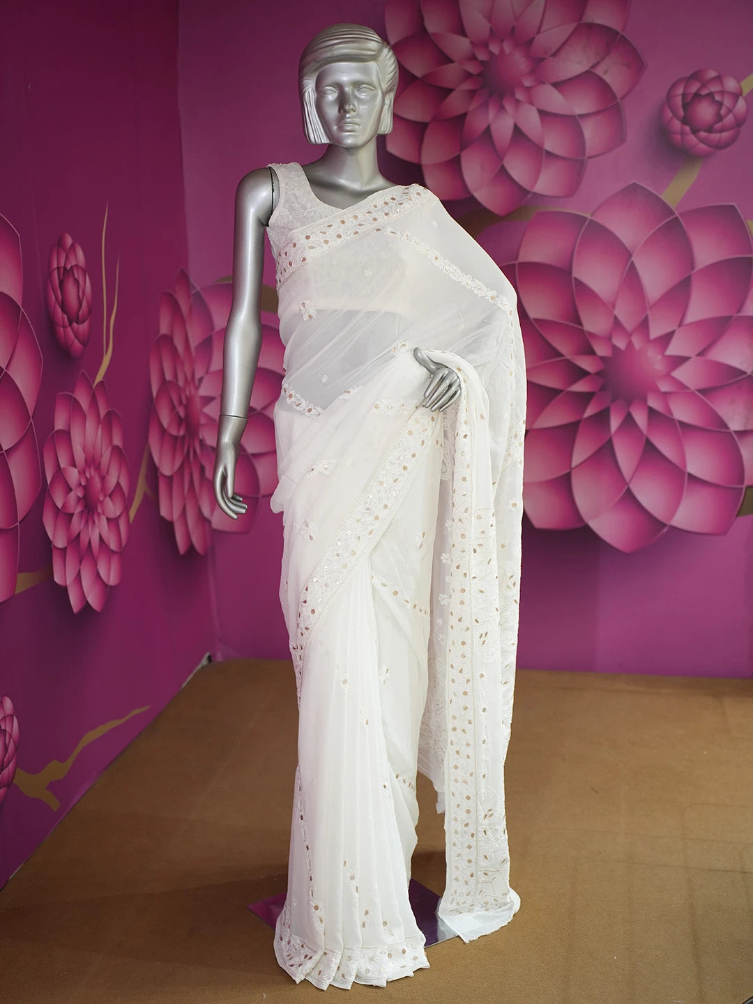 Ada Hand Embroidered White Viscose Georgette Lucknowi Chikankari Saree/Blouse With Gota Patti Work 01A670845