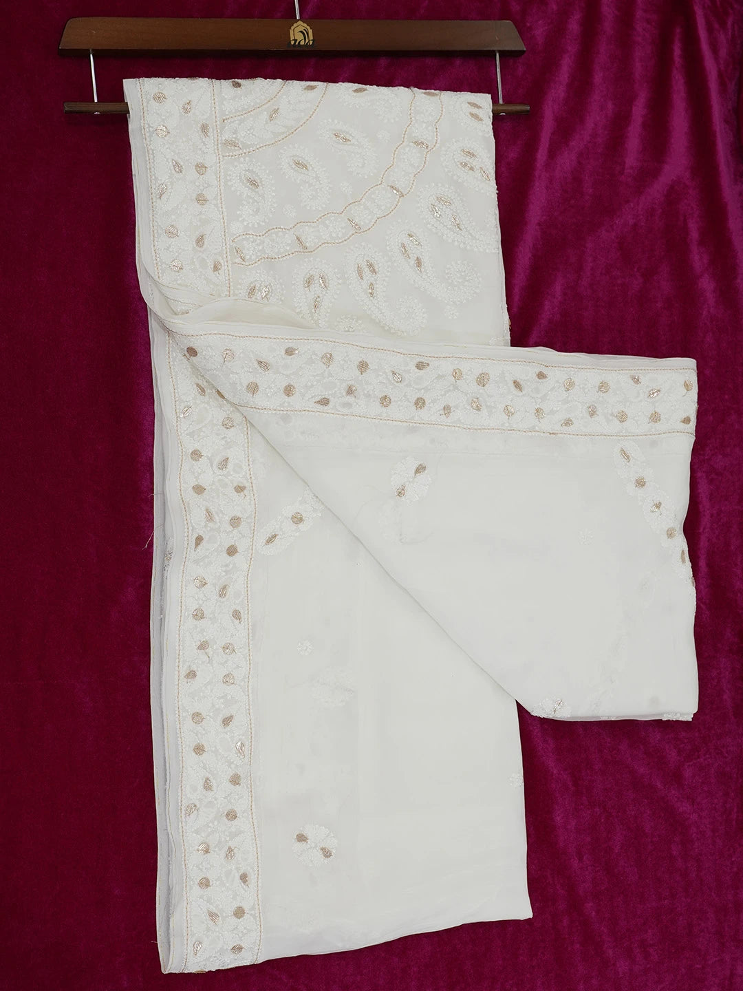 Ada Hand Embroidered White Viscose Georgette Lucknowi Chikankari Saree/Blouse With Gota Patti Work 01A670845