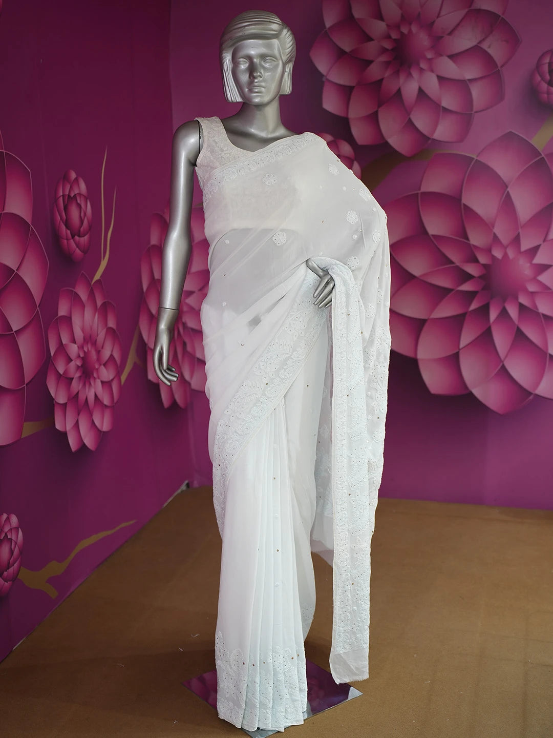 Ada Hand Embroidered Alice Blue Viscose Georgette Lucknowi Chikankari Saree and Blouse With Muqaish Work 01A585072