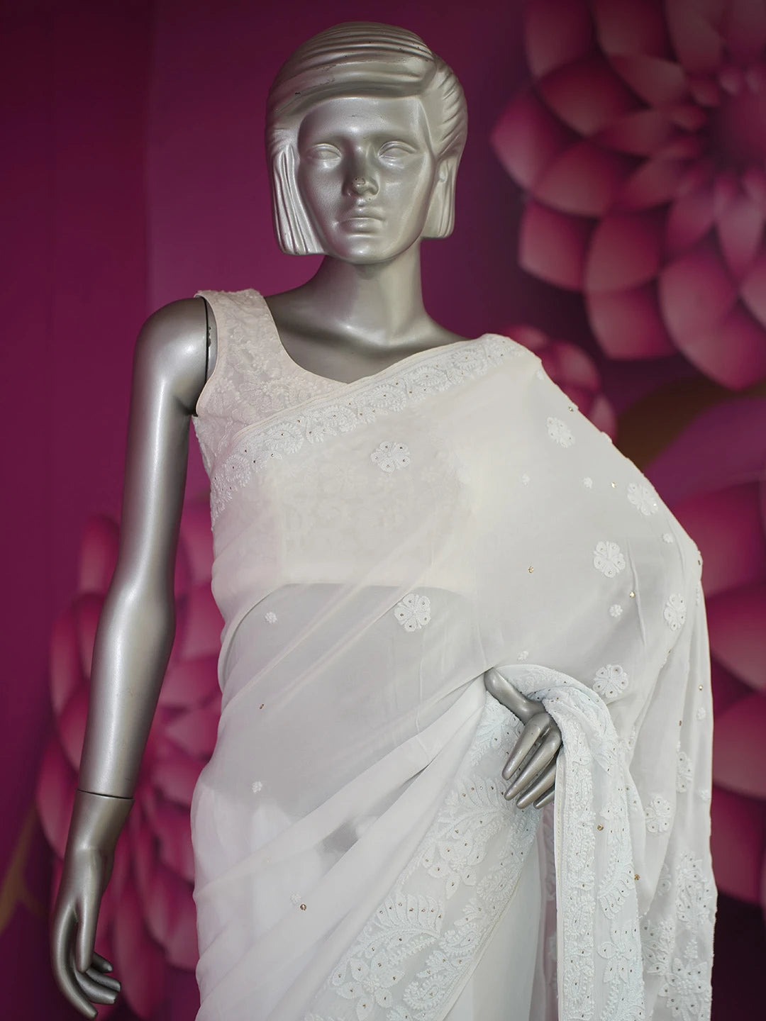 Ada Hand Embroidered Alice Blue Viscose Georgette Lucknowi Chikankari Saree and Blouse With Muqaish Work 01A585072