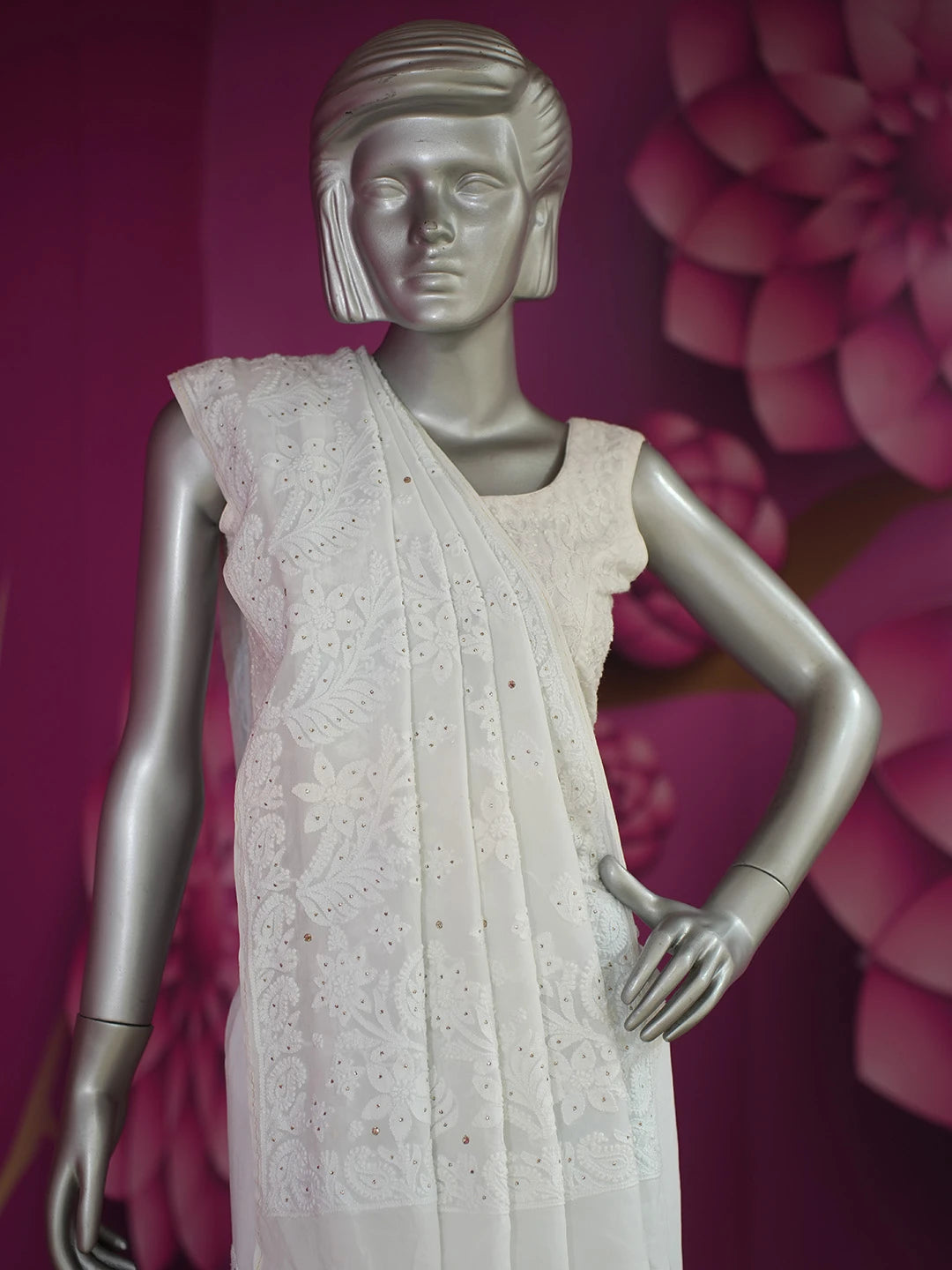 Ada Hand Embroidered Alice Blue Viscose Georgette Lucknowi Chikankari Saree and Blouse With Muqaish Work 01A585072