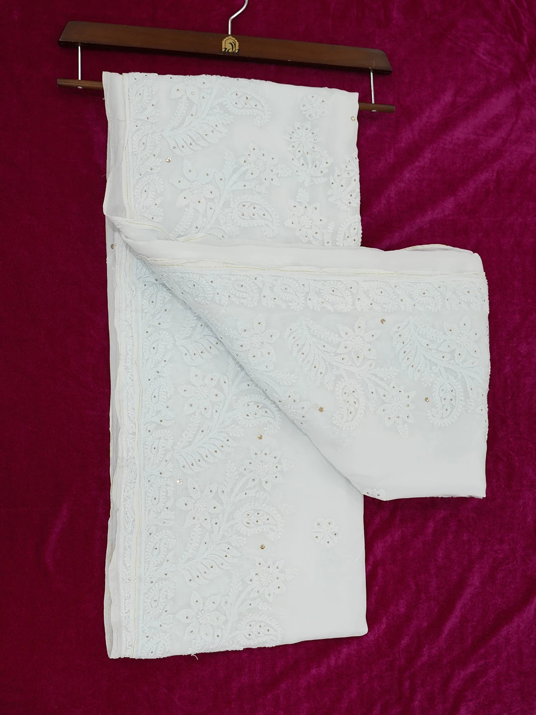 Ada Hand Embroidered Alice Blue Viscose Georgette Lucknowi Chikankari Saree and Blouse With Muqaish Work 01A585072
