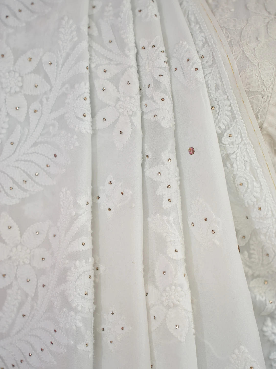 Ada Hand Embroidered Alice Blue Viscose Georgette Lucknowi Chikankari Saree and Blouse With Muqaish Work 01A585072