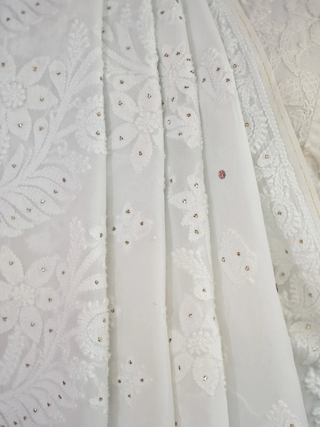 Ada Hand Embroidered Alice Blue Viscose Georgette Lucknowi Chikankari Saree and Blouse With Muqaish Work 01A585072