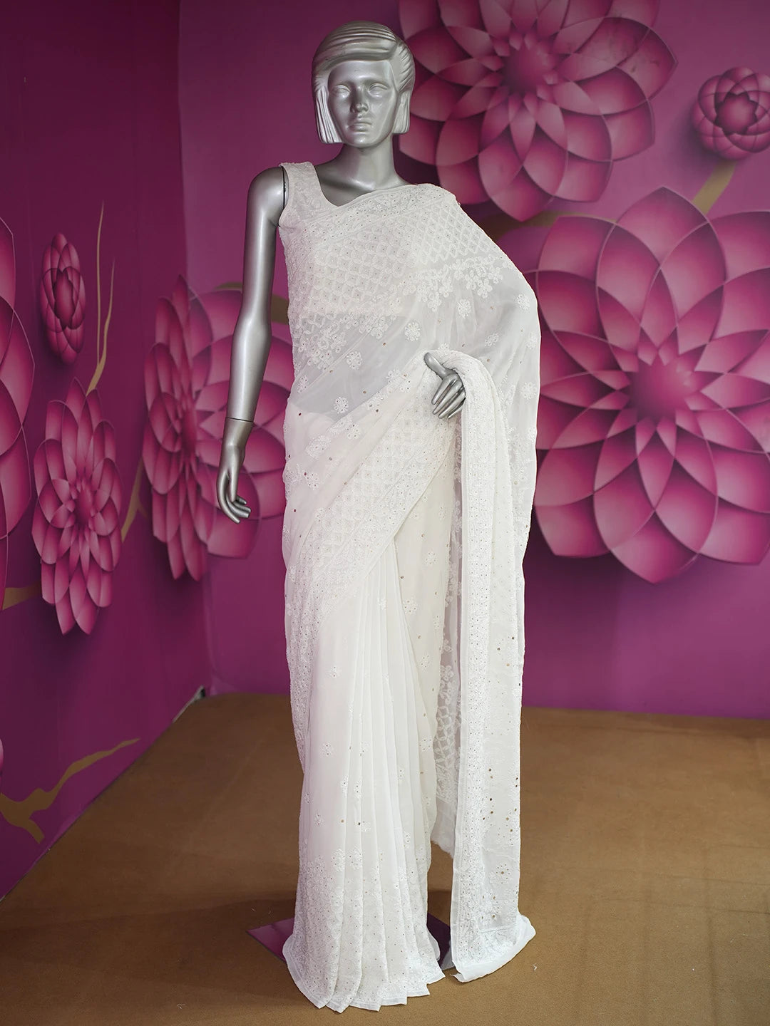 Ada Hand Embroidered White Pure Georgette Lucknowi Chikankari Saree/Blouse With Muqaish Work 01A675501