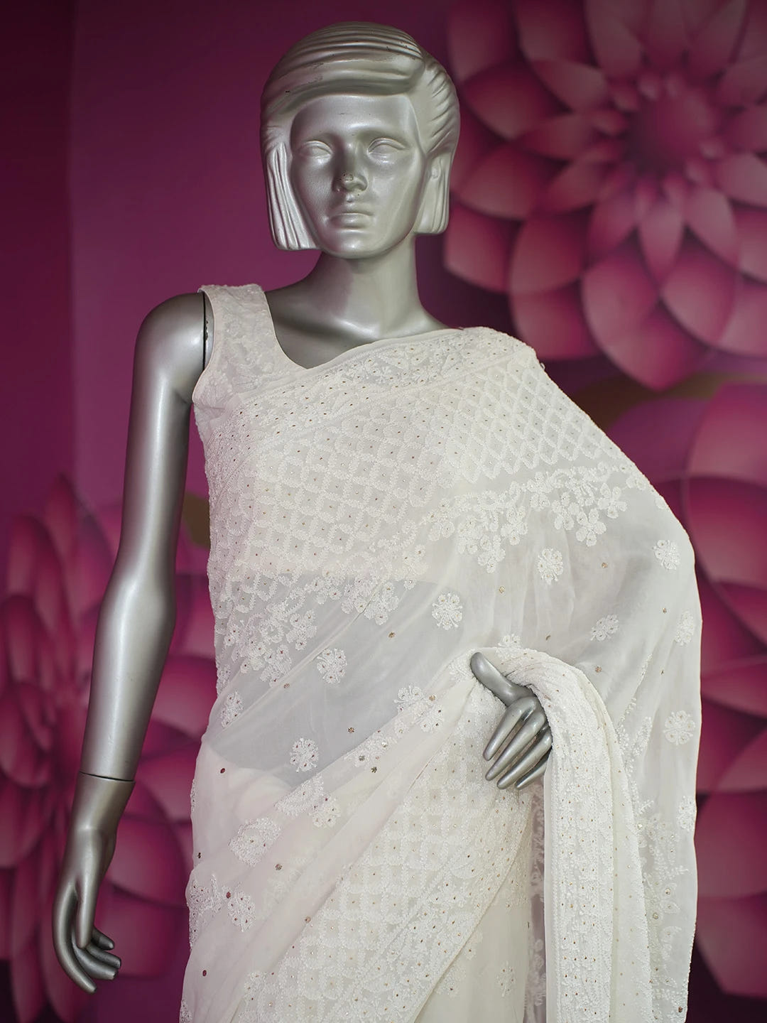 Ada Hand Embroidered White Pure Georgette Lucknowi Chikankari Saree/Blouse With Muqaish Work 01A675501