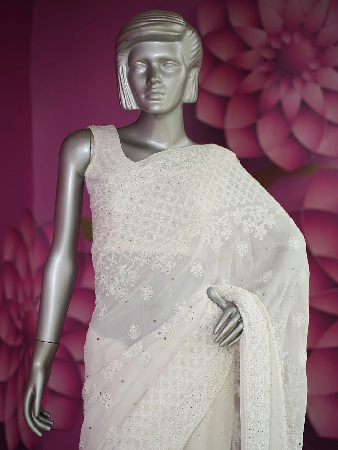 Ada Hand Embroidered White Pure Georgette Lucknowi Chikankari Saree/Blouse With Muqaish Work 01A675501