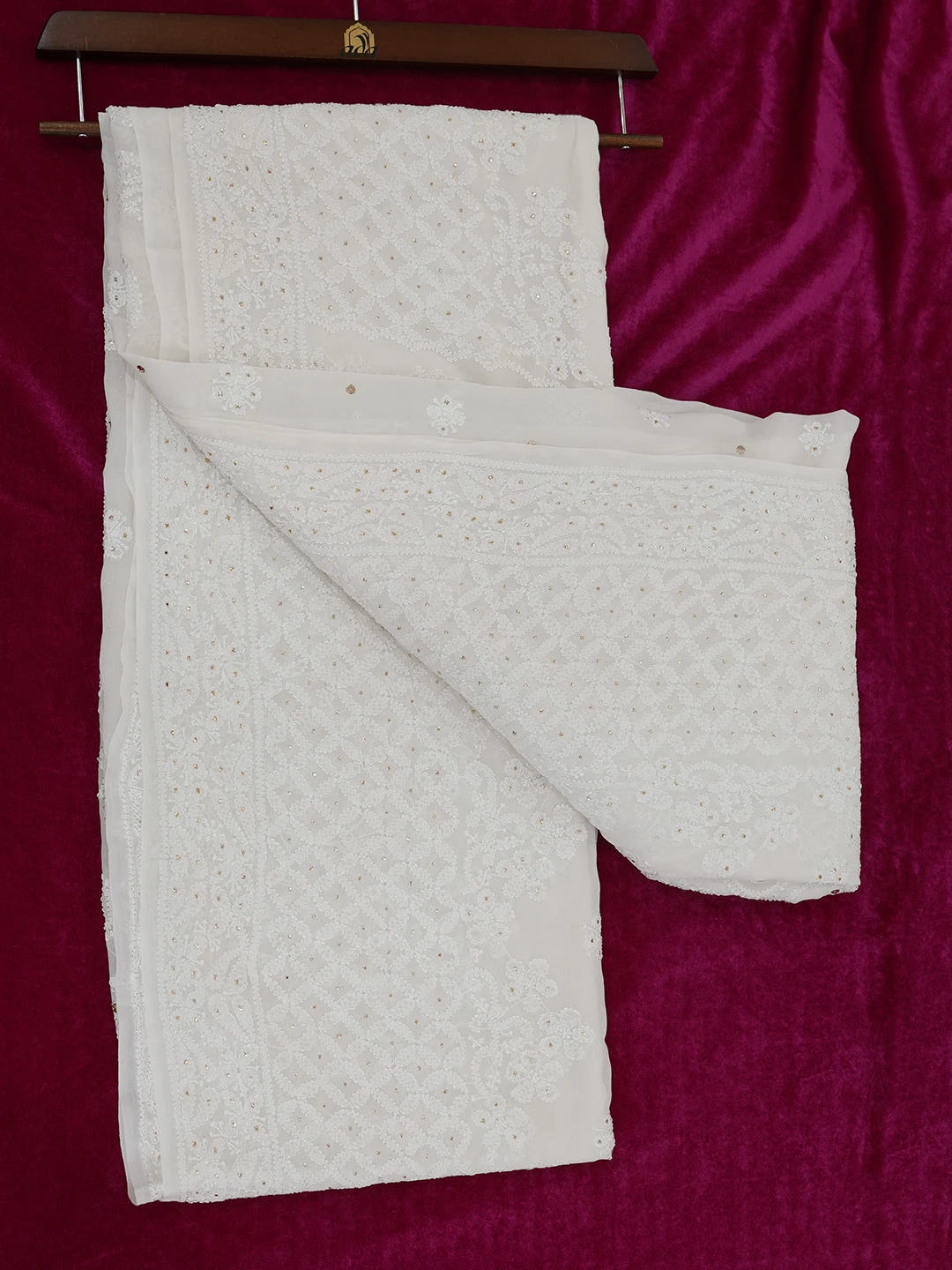 Ada Hand Embroidered White Pure Georgette Lucknowi Chikankari Saree/Blouse With Muqaish Work 01A675501