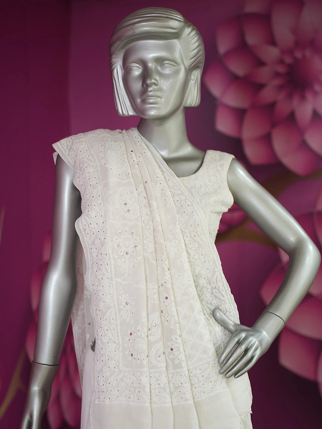 Ada Hand Embroidered White Pure Georgette Lucknowi Chikankari Saree/Blouse With Muqaish Work 01A675501