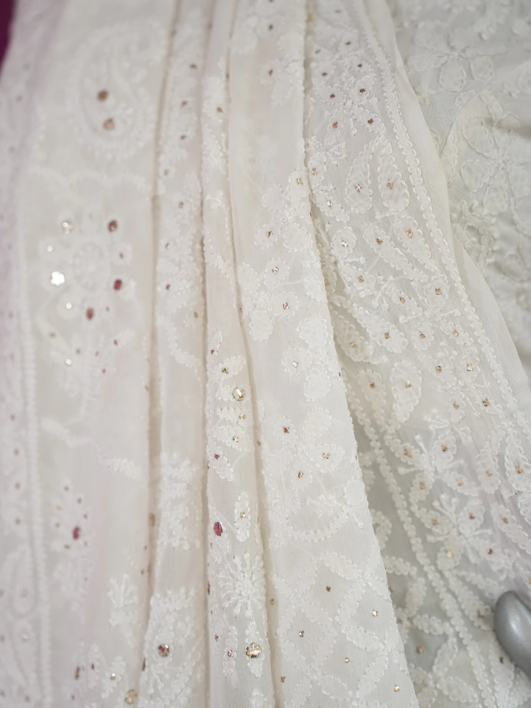 Ada Hand Embroidered White Pure Georgette Lucknowi Chikankari Saree/Blouse With Muqaish Work 01A675501