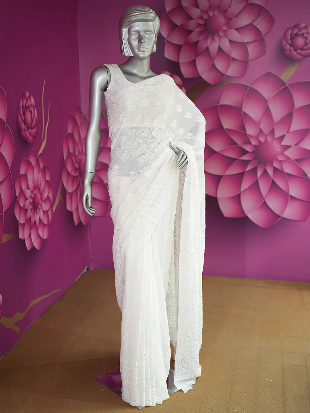 Ada Hand Embroidered White Pure Georgette Lucknowi Chikankari Saree and Blouse 01A675509