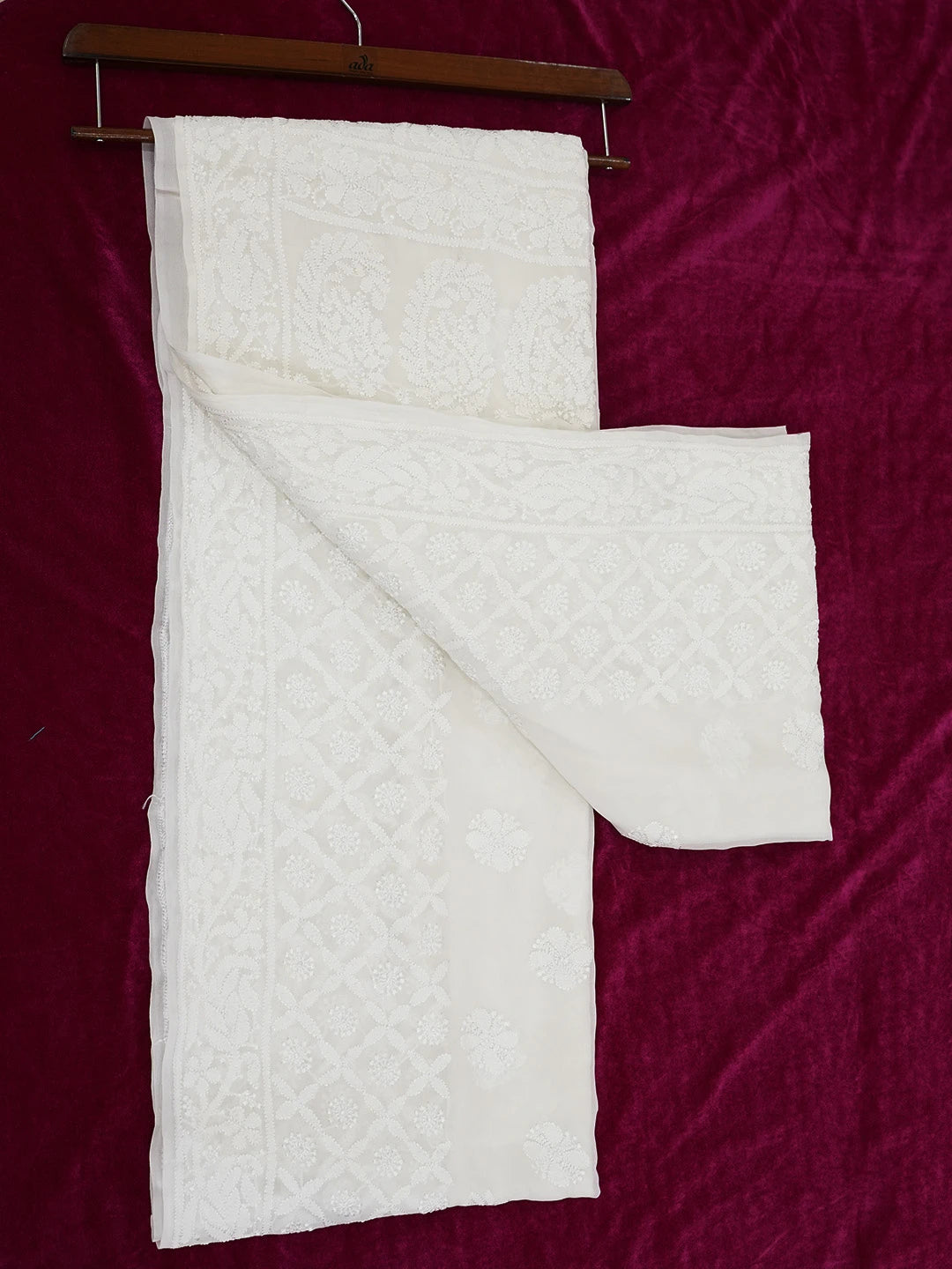 Ada Hand Embroidered White Pure Georgette Lucknowi Chikankari Saree and Blouse 01A675509