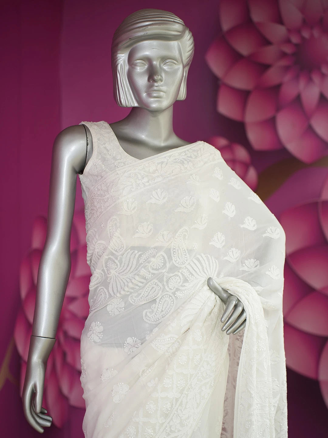 Ada Hand Embroidered White Pure Georgette Lucknowi Chikankari Saree and Blouse 01A675509