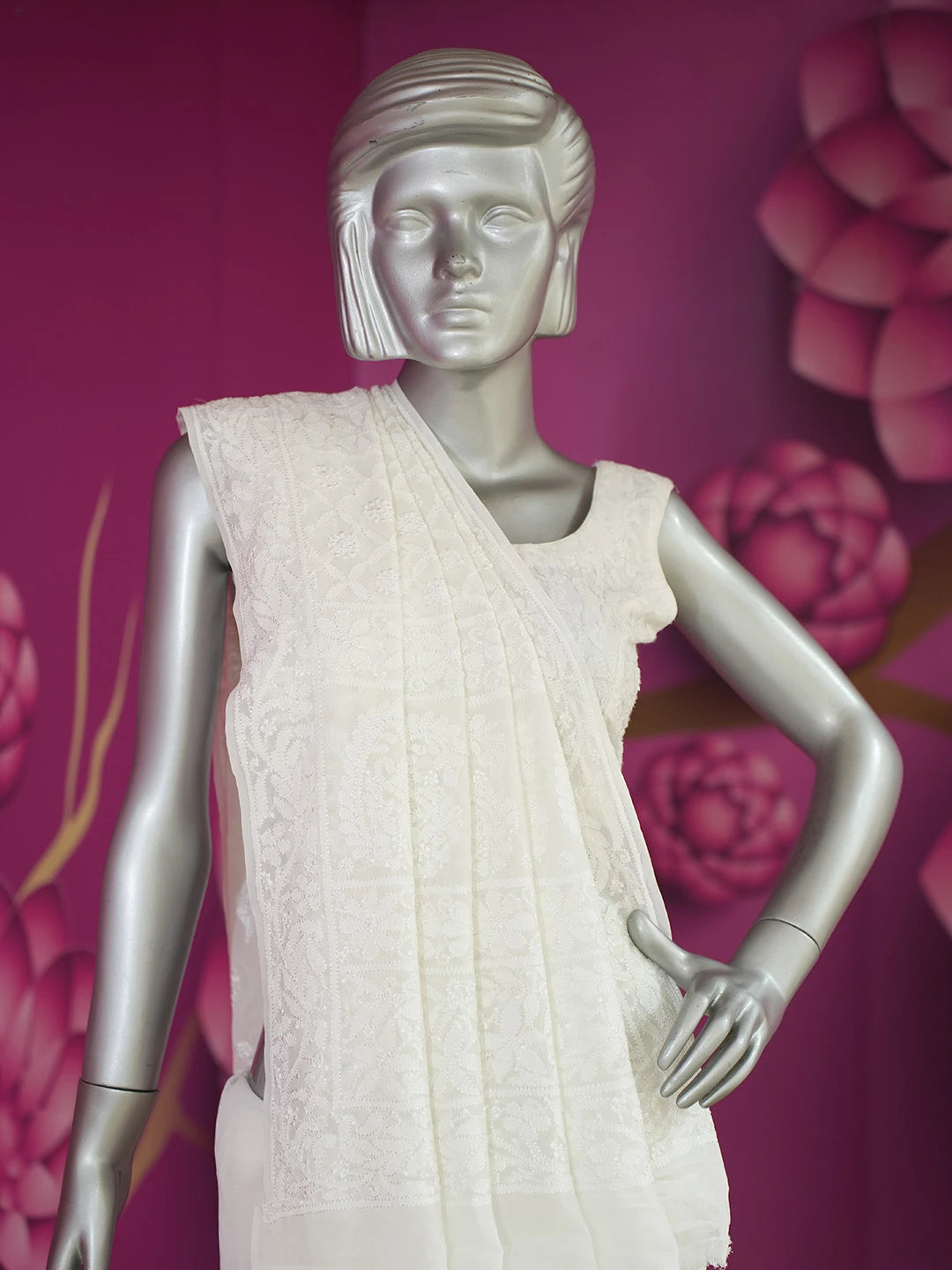 Ada Hand Embroidered White Pure Georgette Lucknowi Chikankari Saree and Blouse 01A675509
