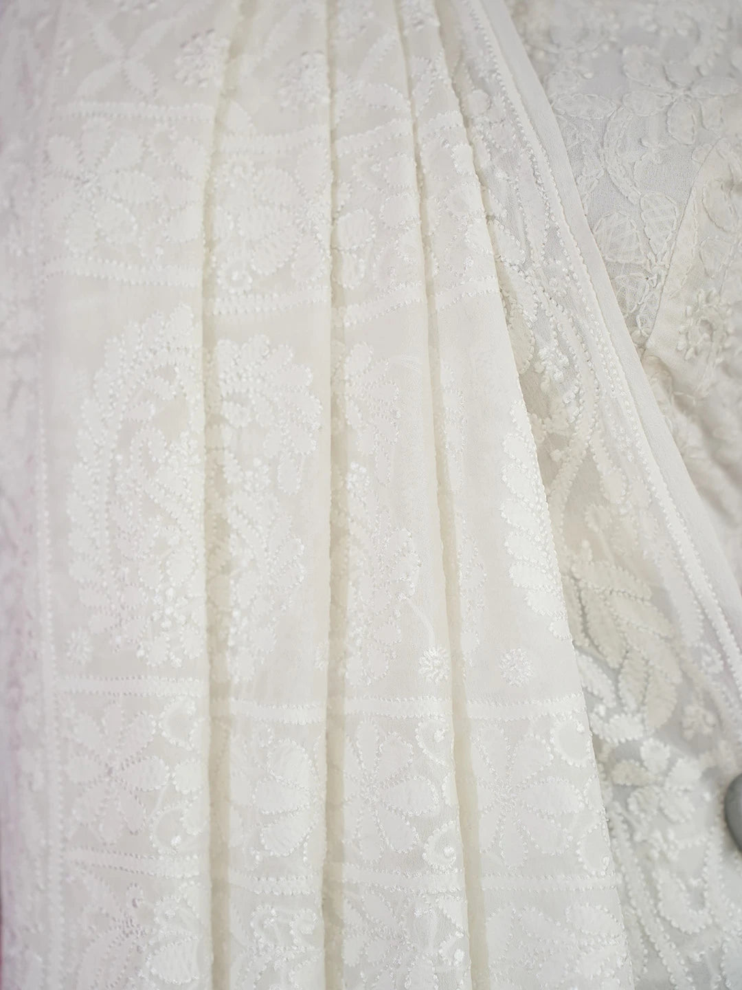 Ada Hand Embroidered White Pure Georgette Lucknowi Chikankari Saree and Blouse 01A675509