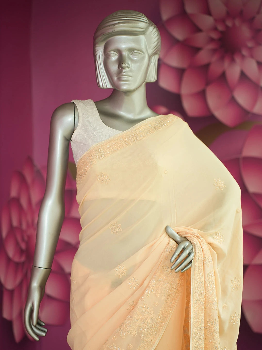 Ada Hand Embroidered Crayola Peach Viscose Georgette Lucknowi Chikankari Saree With Blouse And Cutdana Work 01A545023