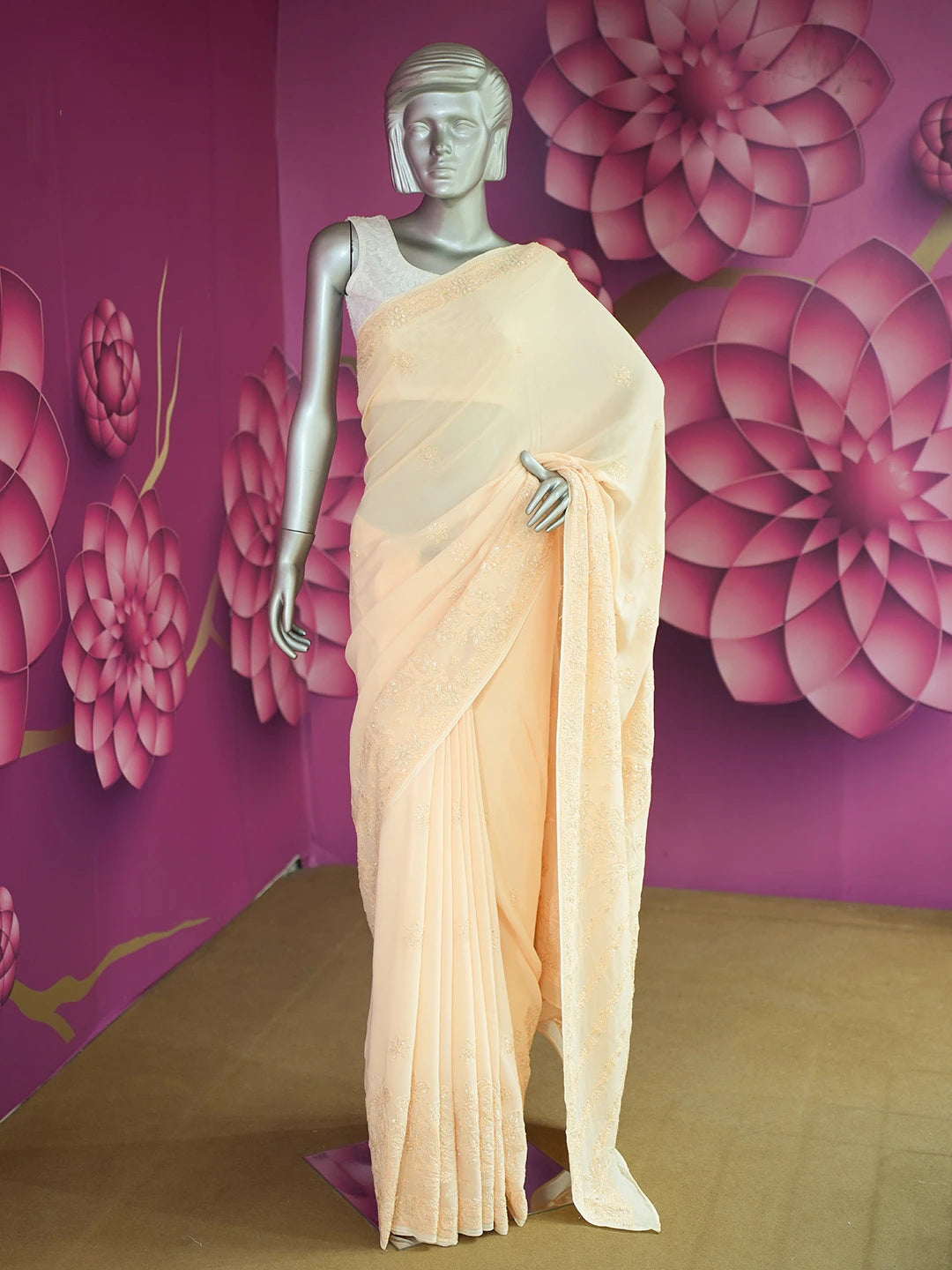 Ada Hand Embroidered Crayola Peach Viscose Georgette Lucknowi Chikankari Saree With Blouse And Cutdana Work 01A545023