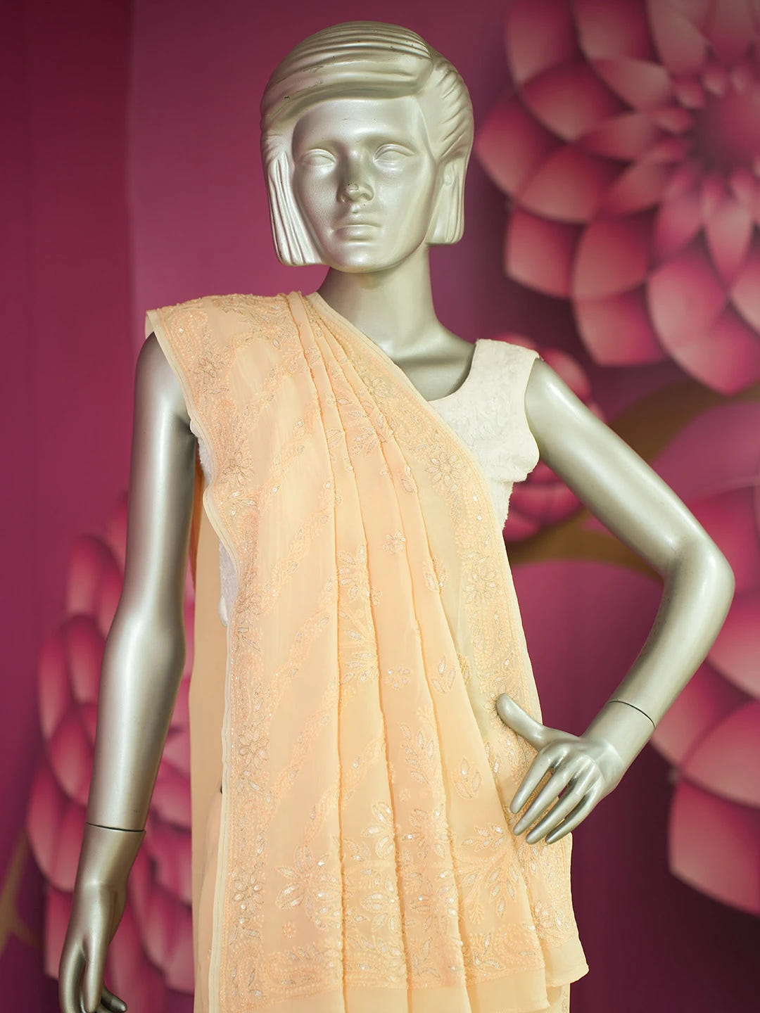 Ada Hand Embroidered Crayola Peach Viscose Georgette Lucknowi Chikankari Saree With Blouse And Cutdana Work 01A545023