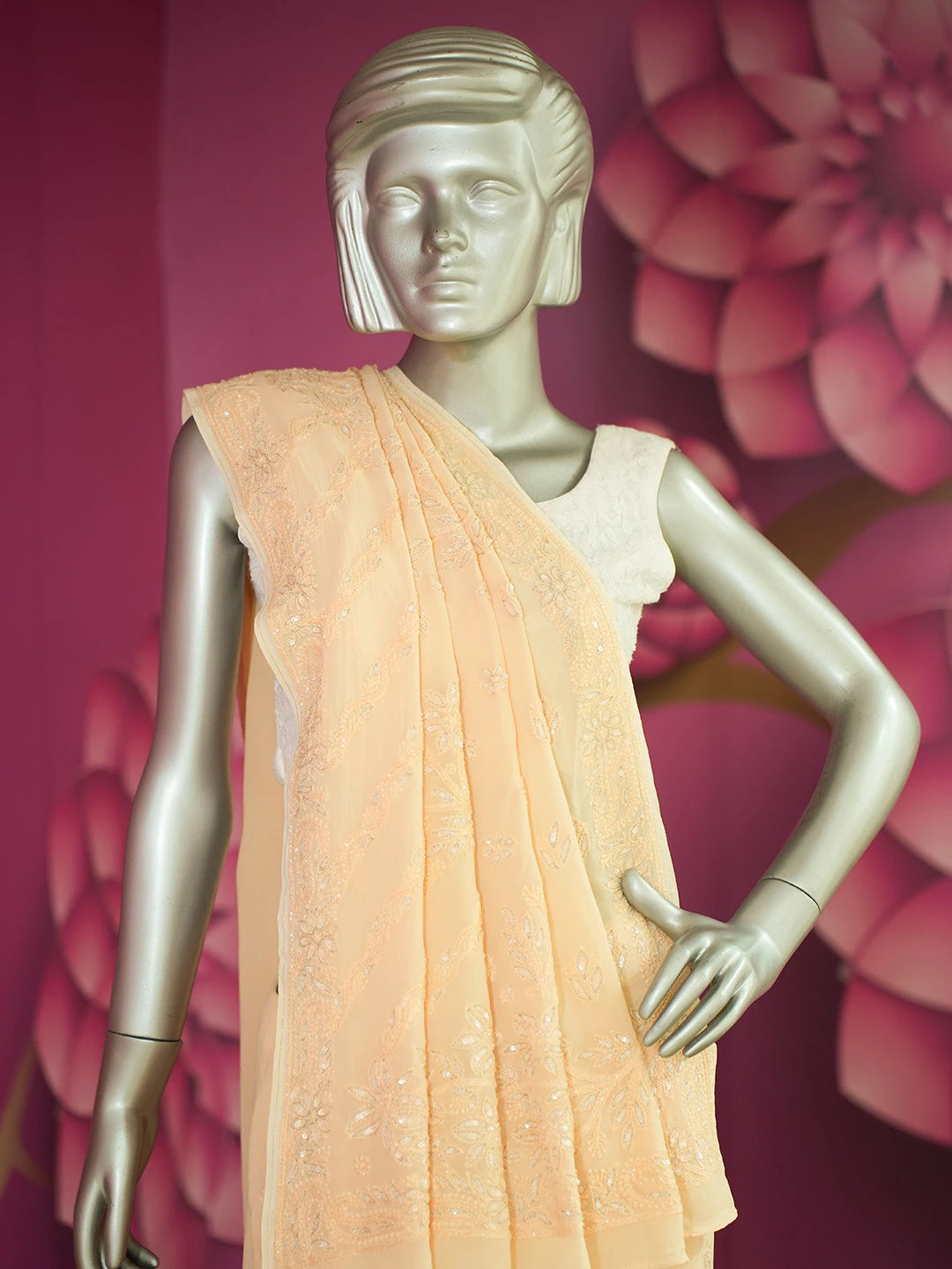 Ada Hand Embroidered Crayola Peach Viscose Georgette Lucknowi Chikankari Saree With Blouse And Cutdana Work 01A545023