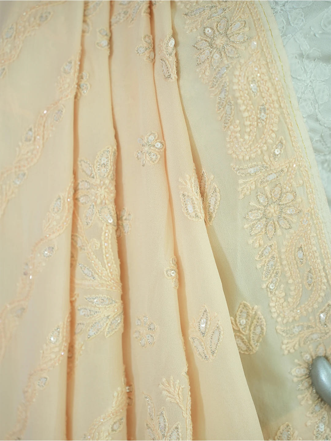 Ada Hand Embroidered Crayola Peach Viscose Georgette Lucknowi Chikankari Saree With Blouse And Cutdana Work 01A545023