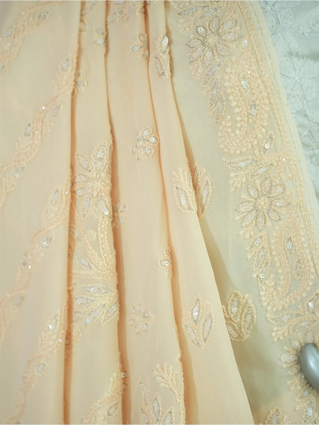 Ada Hand Embroidered Crayola Peach Viscose Georgette Lucknowi Chikankari Saree With Blouse And Cutdana Work 01A545023