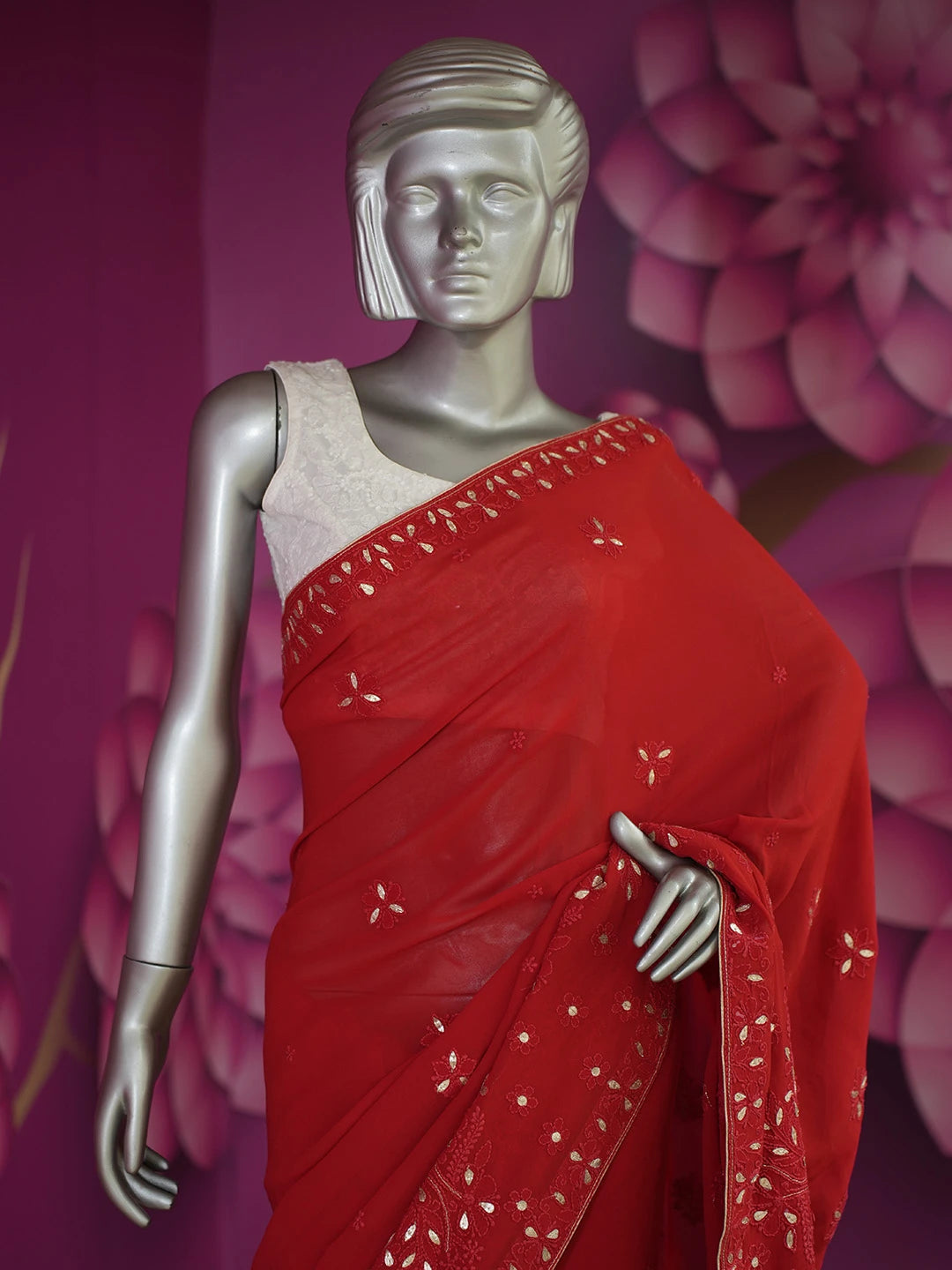Ada Hand Embroidered Red Viscose Georgette Lucknowi Chikankari Saree/Blouse With Zari Work 01A307045