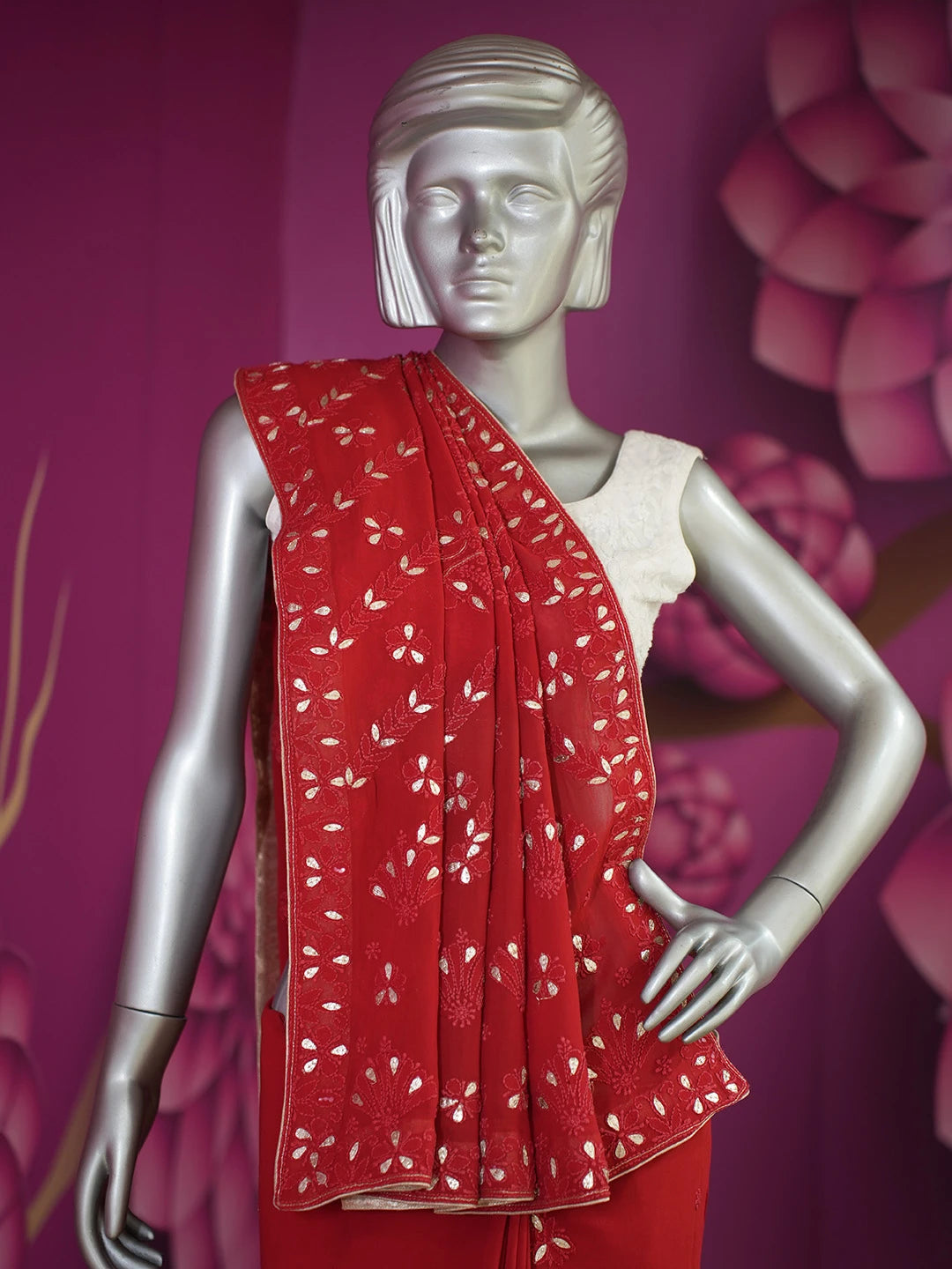 Ada Hand Embroidered Red Viscose Georgette Lucknowi Chikankari Saree/Blouse With Zari Work 01A307045
