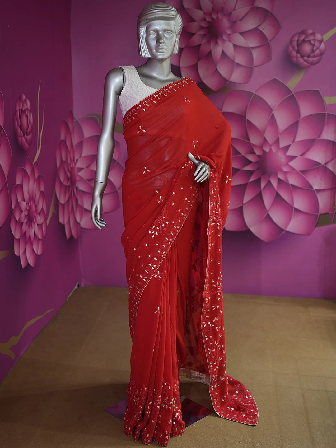 Ada Hand Embroidered Red Viscose Georgette Lucknowi Chikankari Saree/Blouse With Zari Work 01A307045