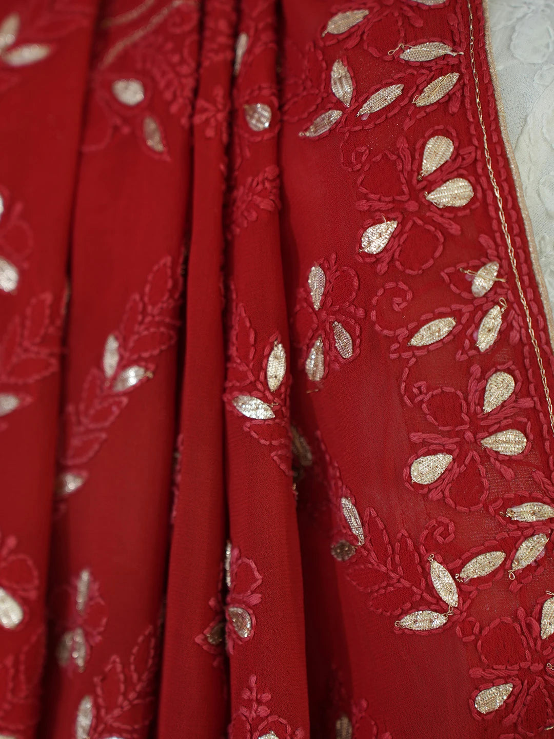 Ada Hand Embroidered Red Viscose Georgette Lucknowi Chikankari Saree/Blouse With Zari Work 01A307045