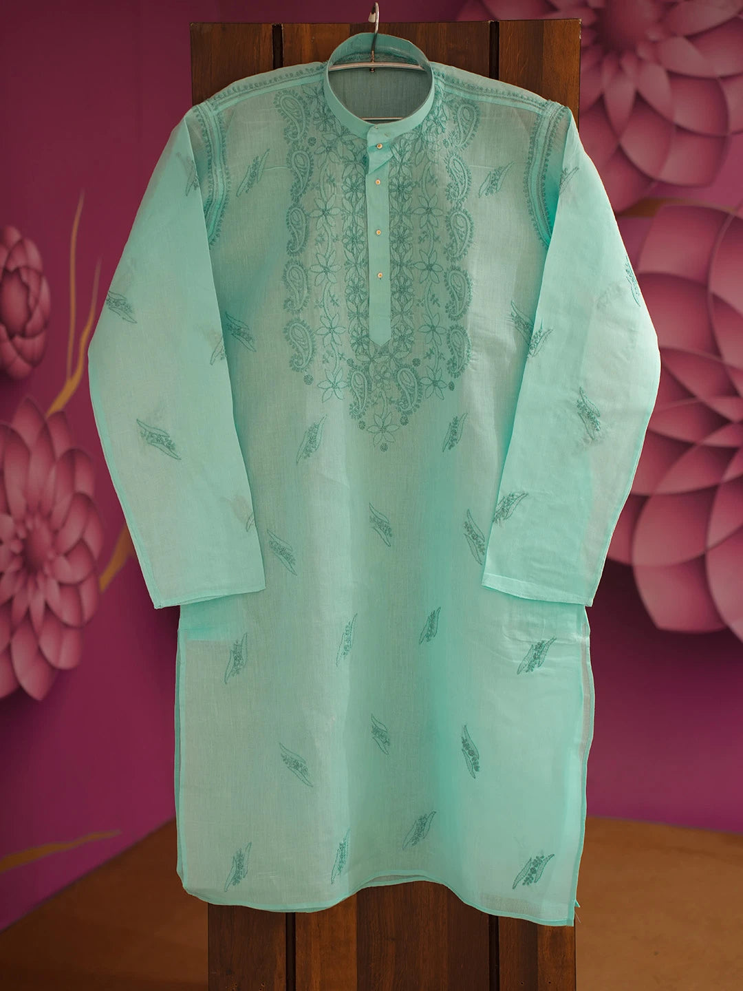 Ada Hand Embroidered Sea Green Cotton Lucknowi Chikankari Men's Kurta 01A675928