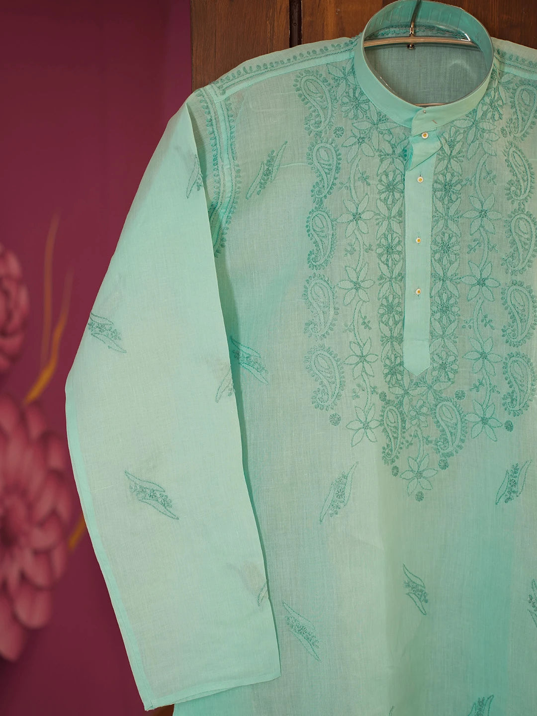 Ada Hand Embroidered Sea Green Cotton Lucknowi Chikankari Men's Kurta 01A675928