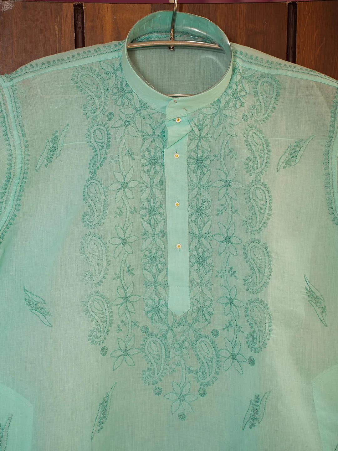 Ada Hand Embroidered Sea Green Cotton Lucknowi Chikankari Men's Kurta 01A675928
